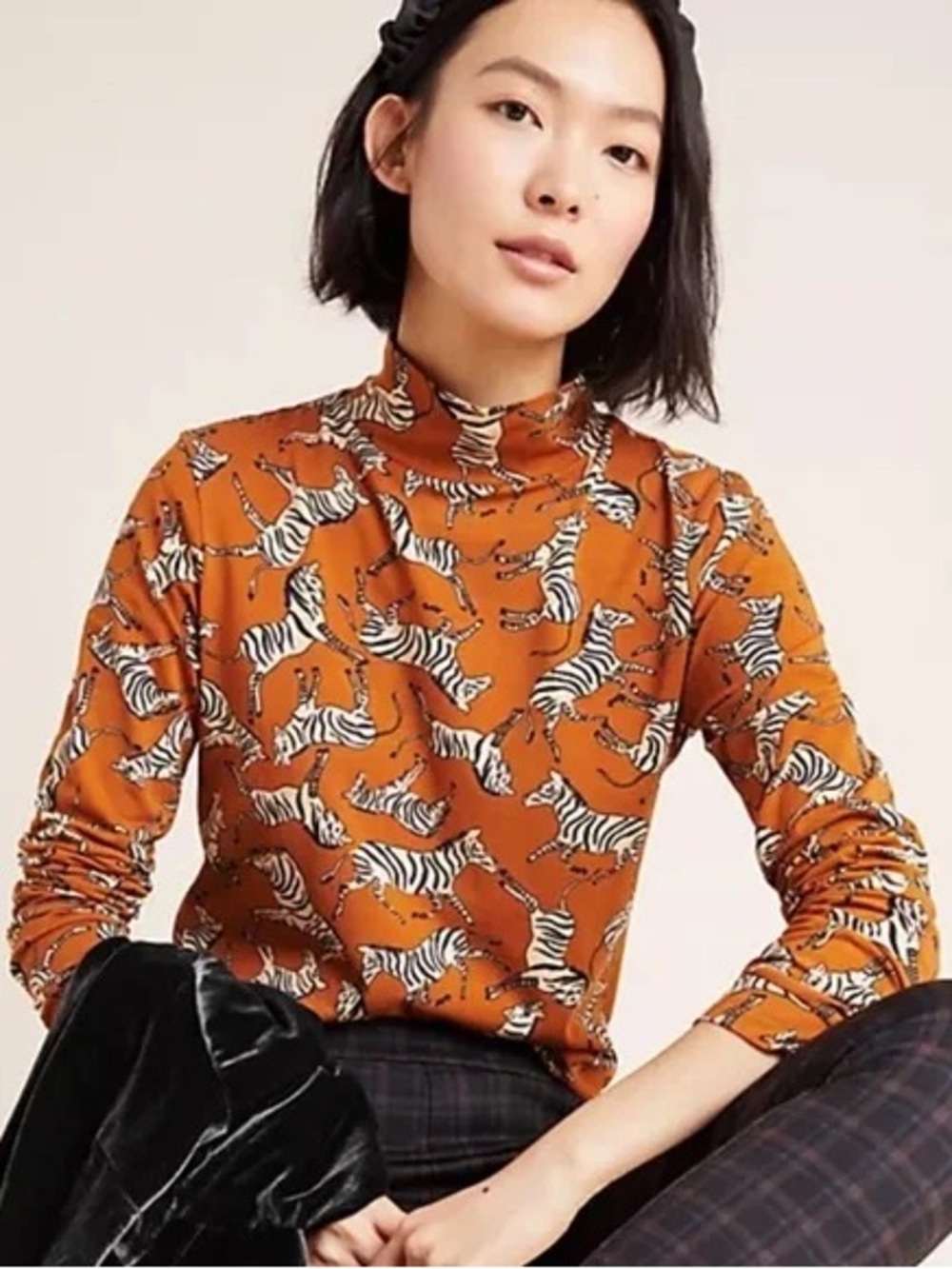 Anthropologie Maeve Zebra Print Mock Neck Top NWT Rust Orange Long Sleeve M